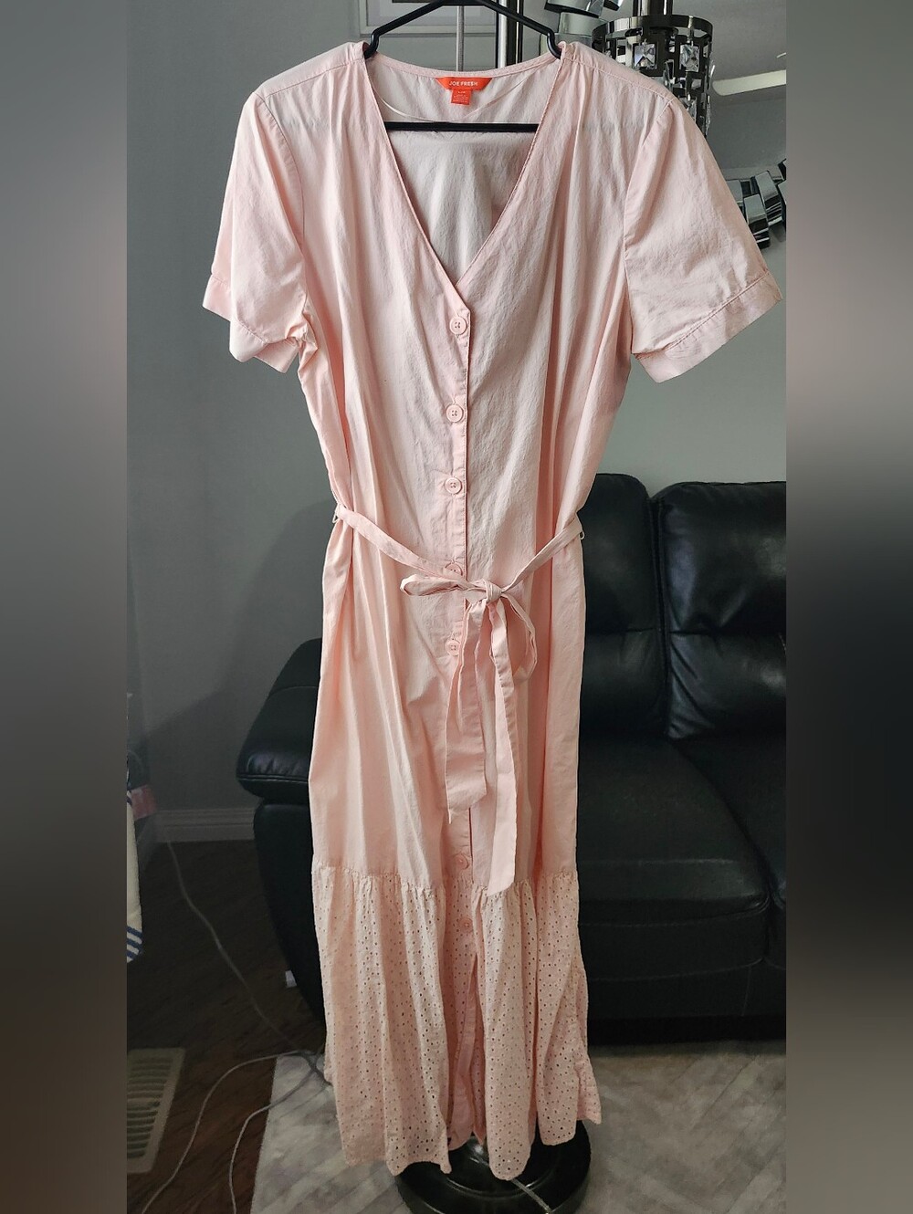 Joe Fresh Light Pink/Peach Button-Front Tie-Waist Maxi Dress